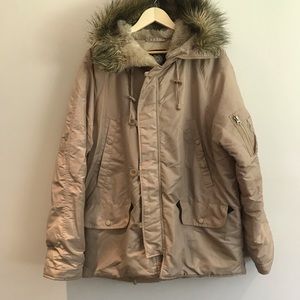 Men’s parka winter jacket beige with hood and fur